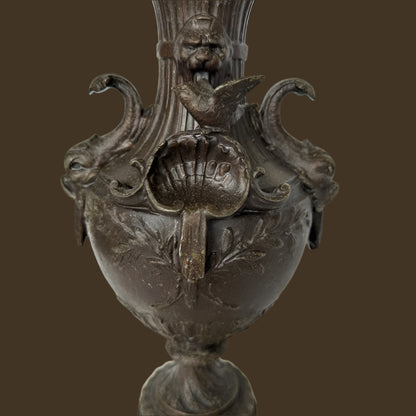 ^ Pair of 19th Century French Napoleon III Style Spelter & Marble Urns