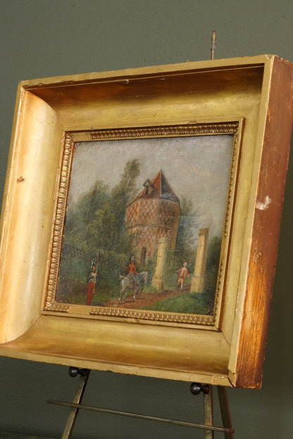 Antique French Genre Oil Painting of Estate Gate and Figures | 19th Century Oil on Canvas