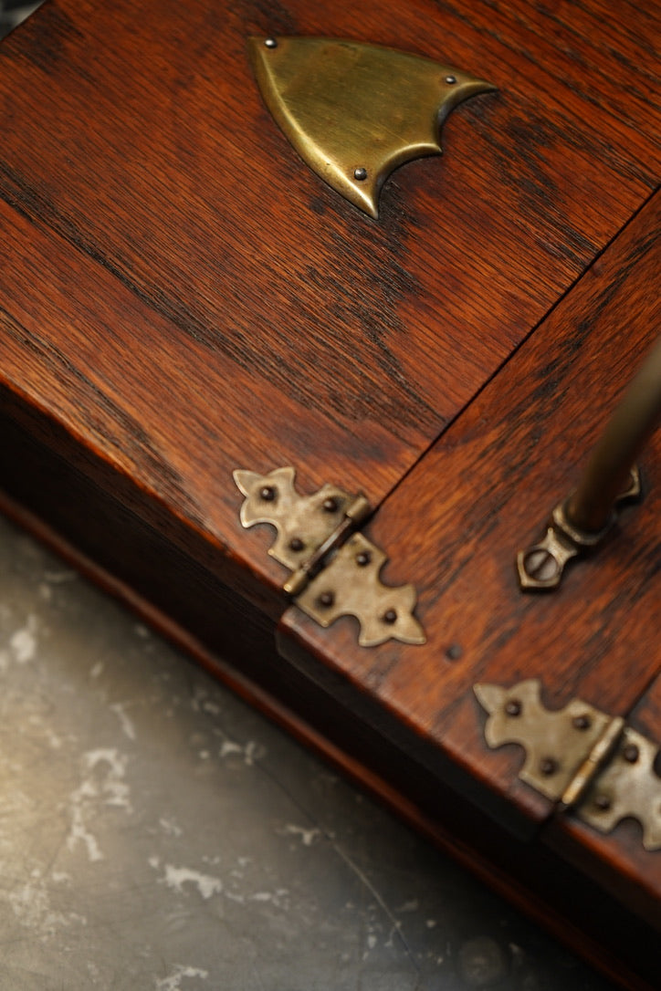 Antique Edwardian Oak & Silver-Plated Two-Compartment Stationery Box with Handle