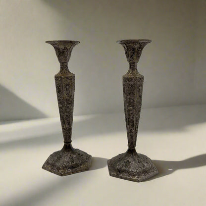 Pair of Weidlich Brothers Dutch Windmill Repoussee Silver Plated Candleholders, Pair of Vintage Silver-Plated Candlestick Holders