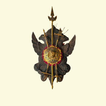 Mid-Century Spanish Toledo Miniature Armory Wall Plaque | Hand-Carved Heraldic Crest with Swords, Shield & Spear