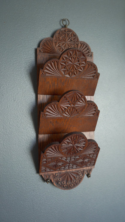 Antique Hand-Carved Oak Letter Rack with Key Hooks | Arts & Crafts Folk Carving c.1880–1910