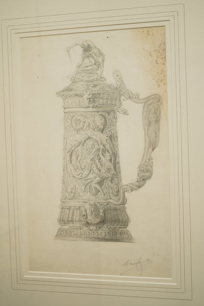Henry Bouvet (French, 1859–1945) – Study of a Tankard, Signed Pencil Drawing on Paper, Framed