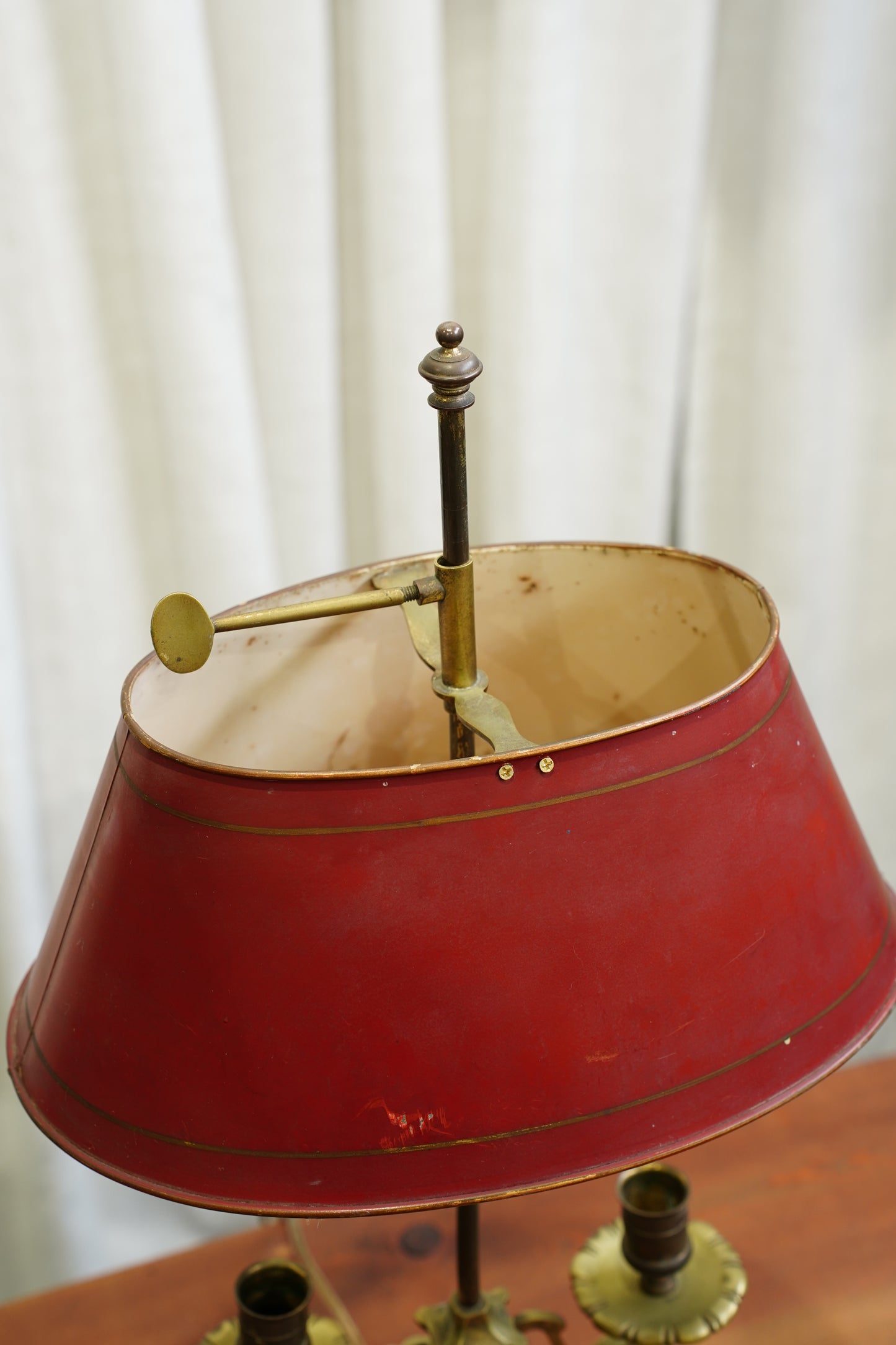 Vintage Louis XV Style Brass Bouillotte Lamp with Red Tole Shade