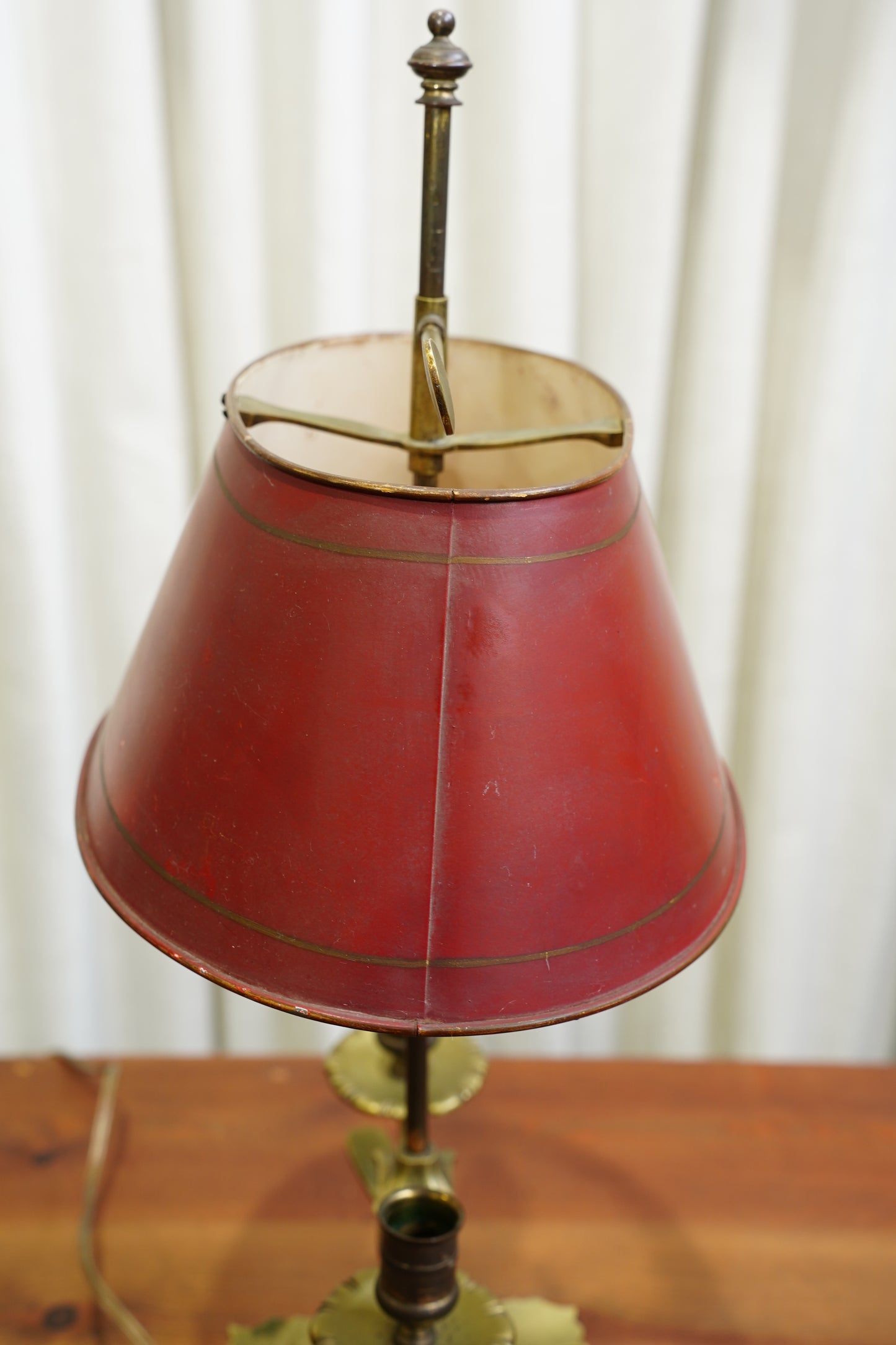 Vintage Louis XV Style Brass Bouillotte Lamp with Red Tole Shade