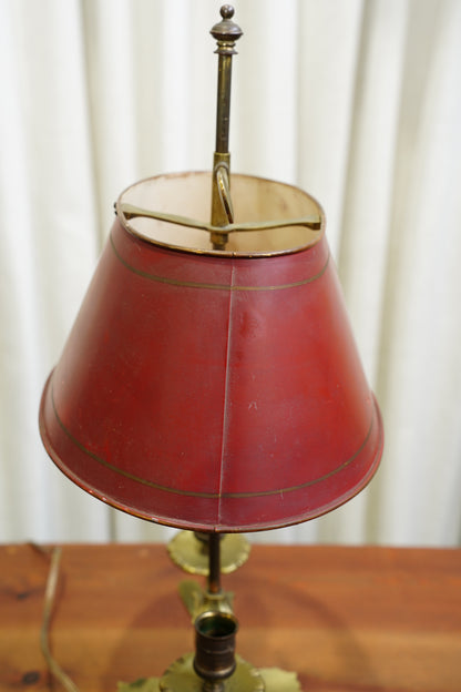 Vintage Louis XV Style Brass Bouillotte Lamp with Red Tole Shade
