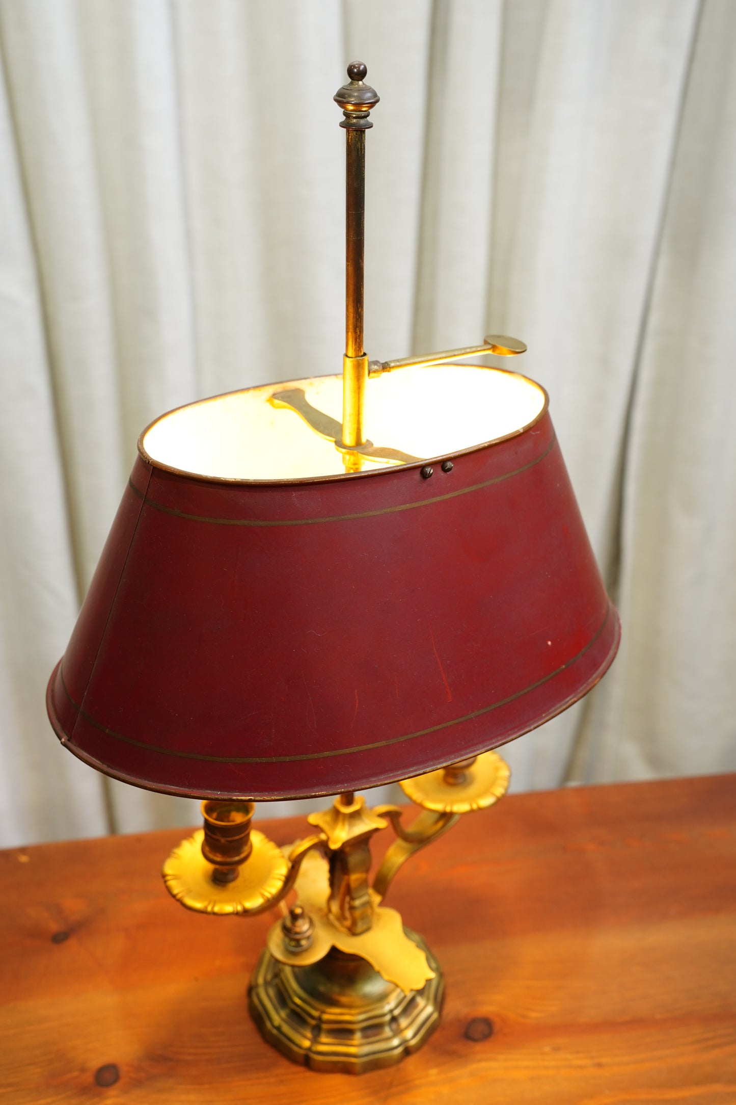 Vintage Louis XV Style Brass Bouillotte Lamp with Red Tole Shade