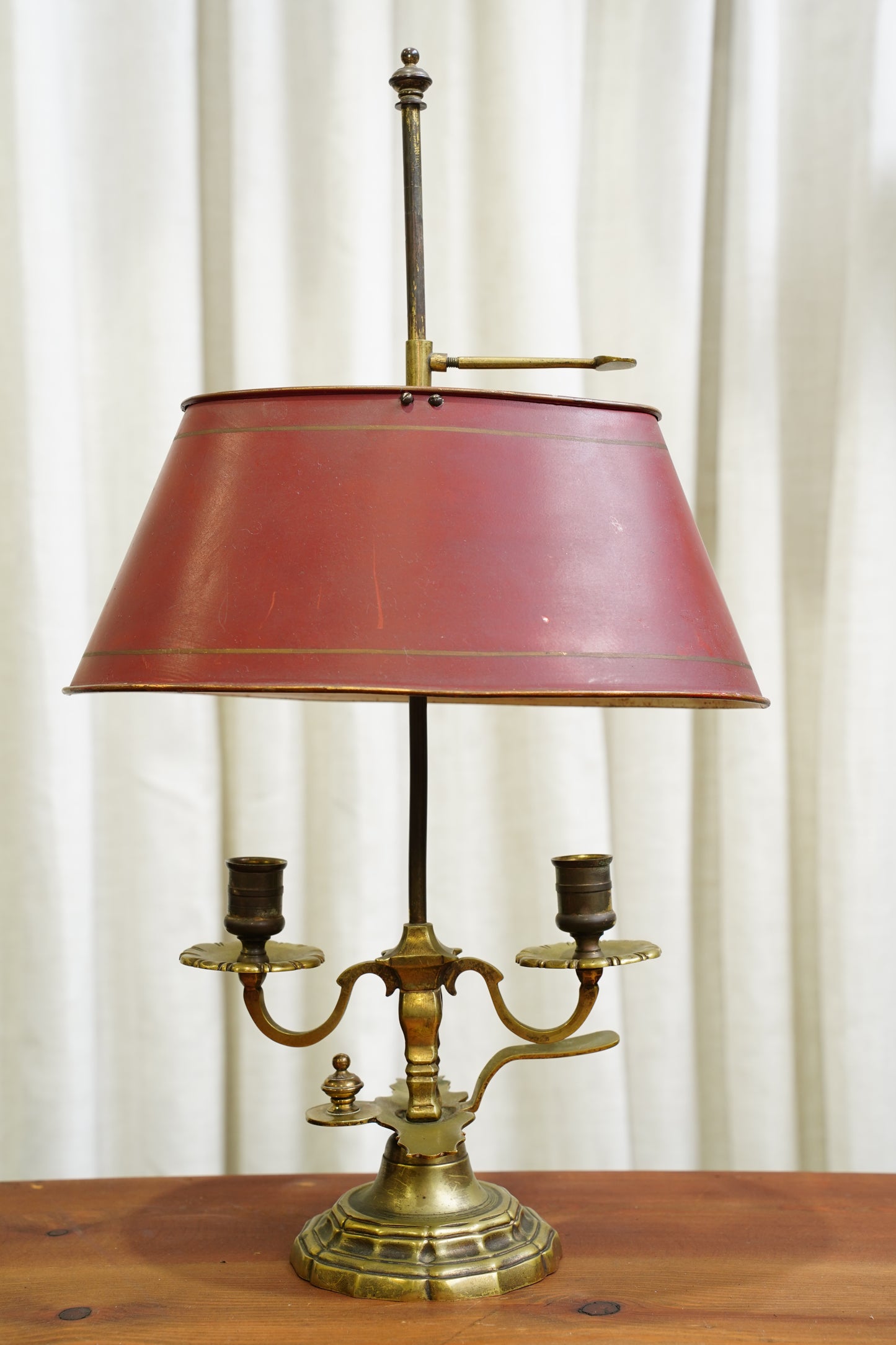Vintage Louis XV Style Brass Bouillotte Lamp with Red Tole Shade