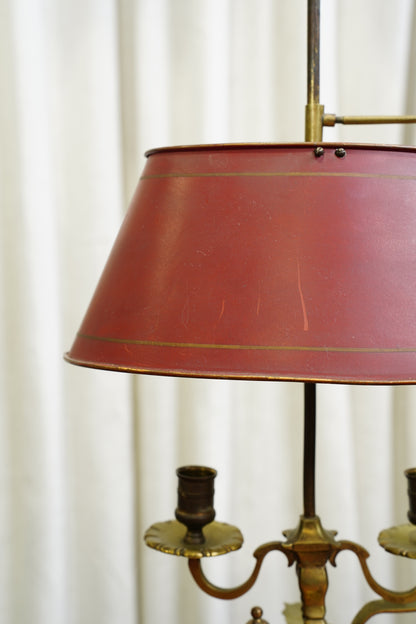 Vintage Louis XV Style Brass Bouillotte Lamp with Red Tole Shade
