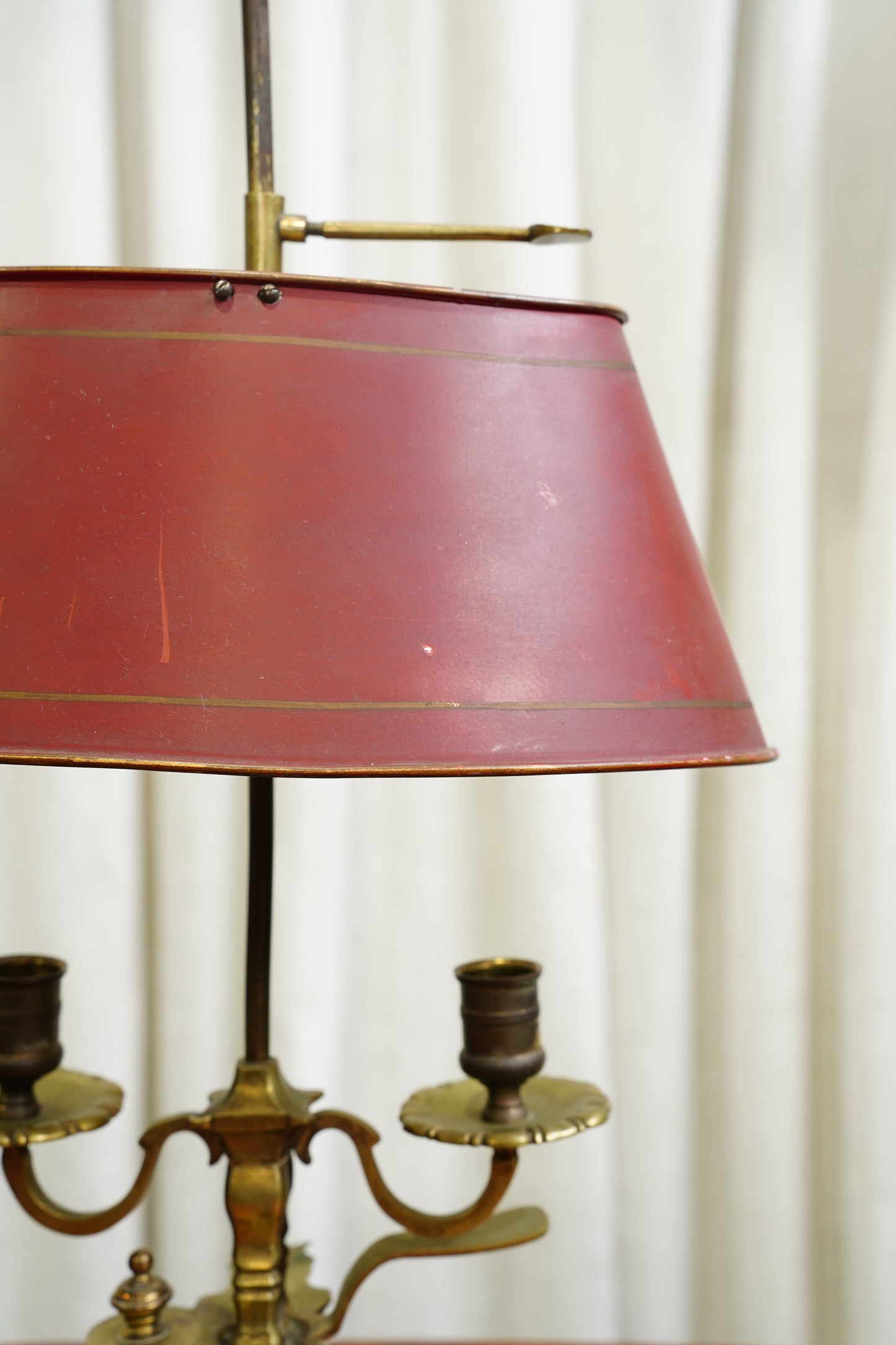 Vintage Louis XV Style Brass Bouillotte Lamp with Red Tole Shade