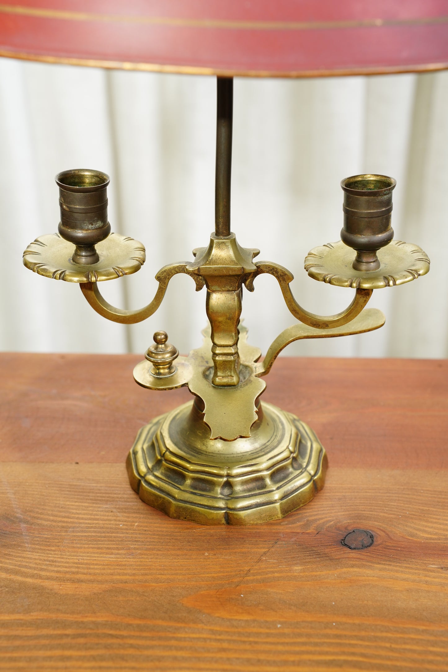 Vintage Louis XV Style Brass Bouillotte Lamp with Red Tole Shade