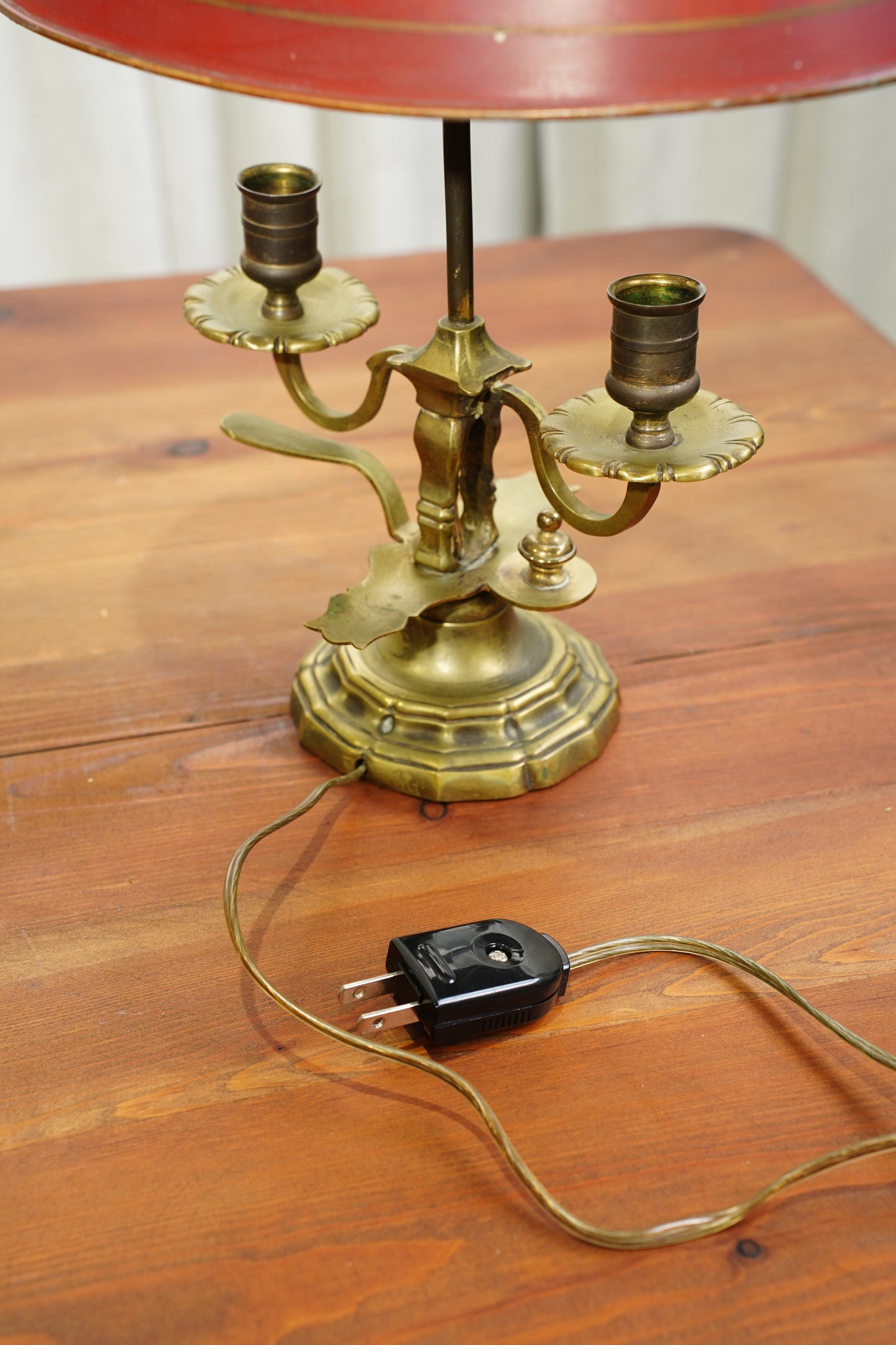 Vintage Louis XV Style Brass Bouillotte Lamp with Red Tole Shade