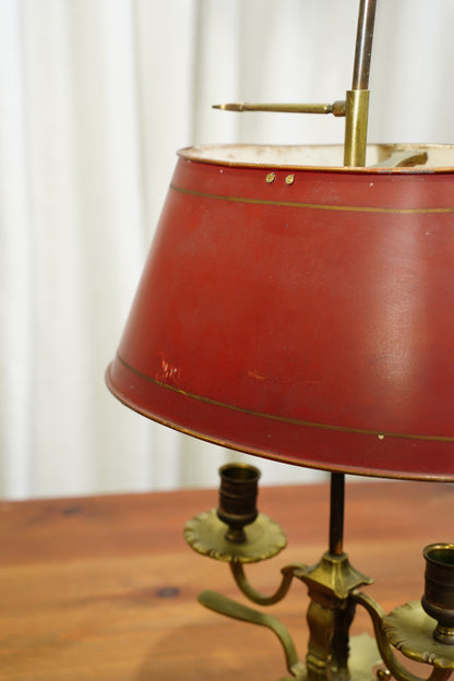 Vintage Louis XV Style Brass Bouillotte Lamp with Red Tole Shade