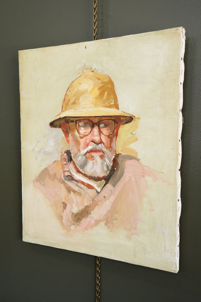 Contemporary Oil Portrait Painting, Man in Safari Hat, Unsigned