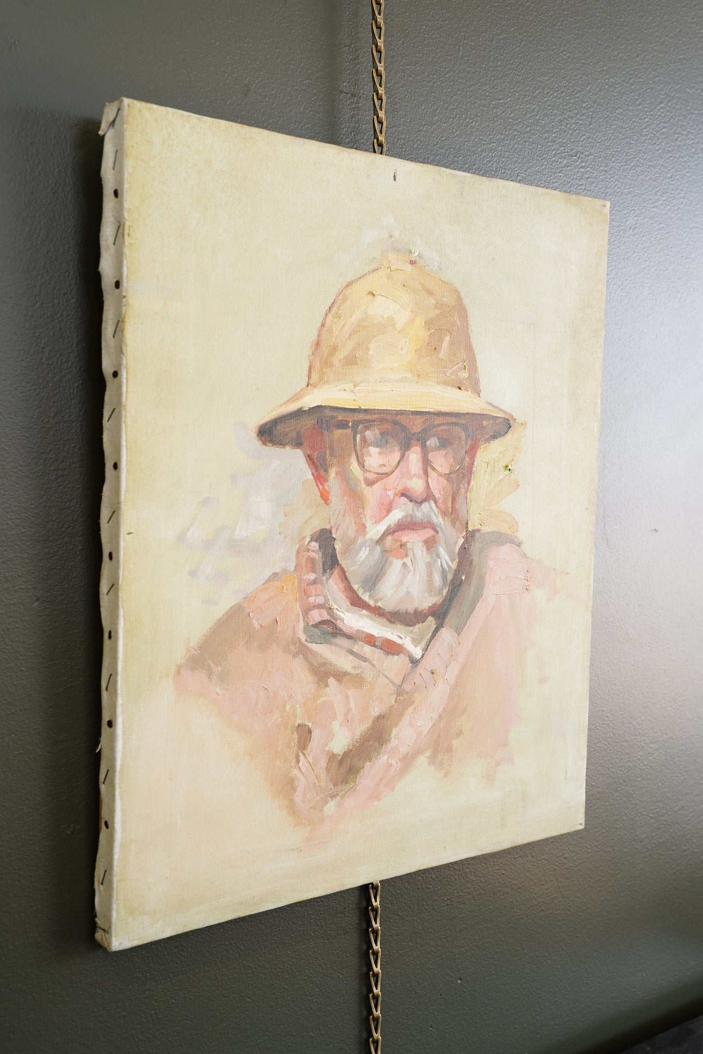 Contemporary Oil Portrait Painting, Man in Safari Hat, Unsigned