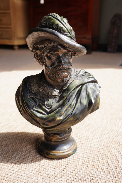 Vintage French Cavalier Bust, Bronze-Effect Plaster Sculpture