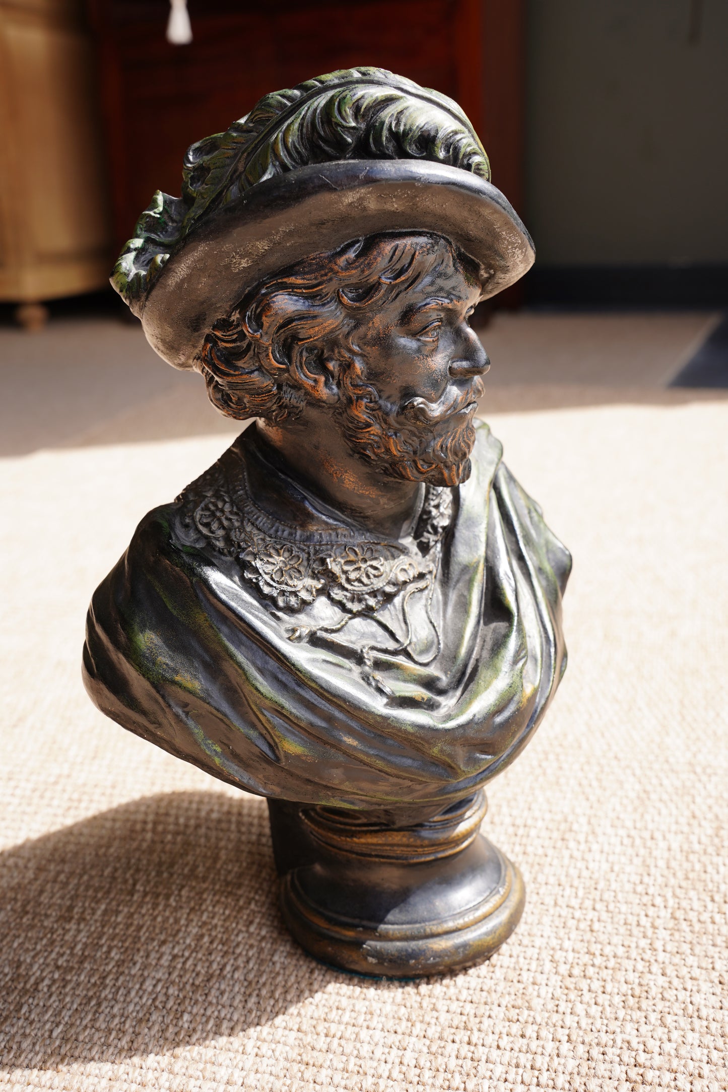 Vintage French Cavalier Bust, Bronze-Effect Plaster Sculpture