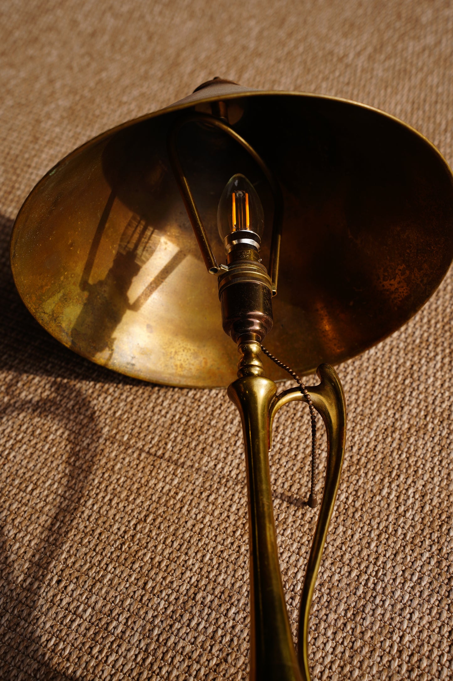 Art Nouveau Brass Table Lamp with Whiplash Handle and Brass Shade
