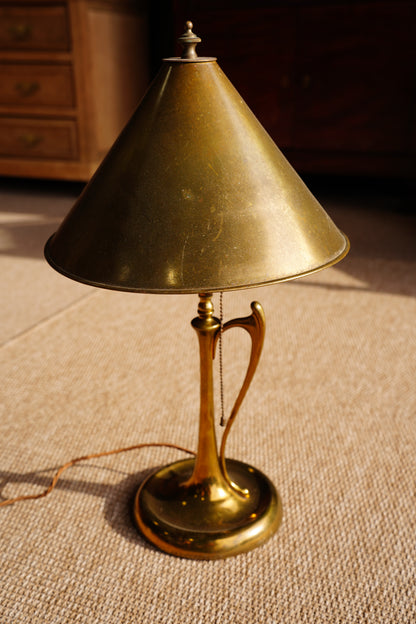 Art Nouveau Brass Table Lamp with Whiplash Handle and Brass Shade