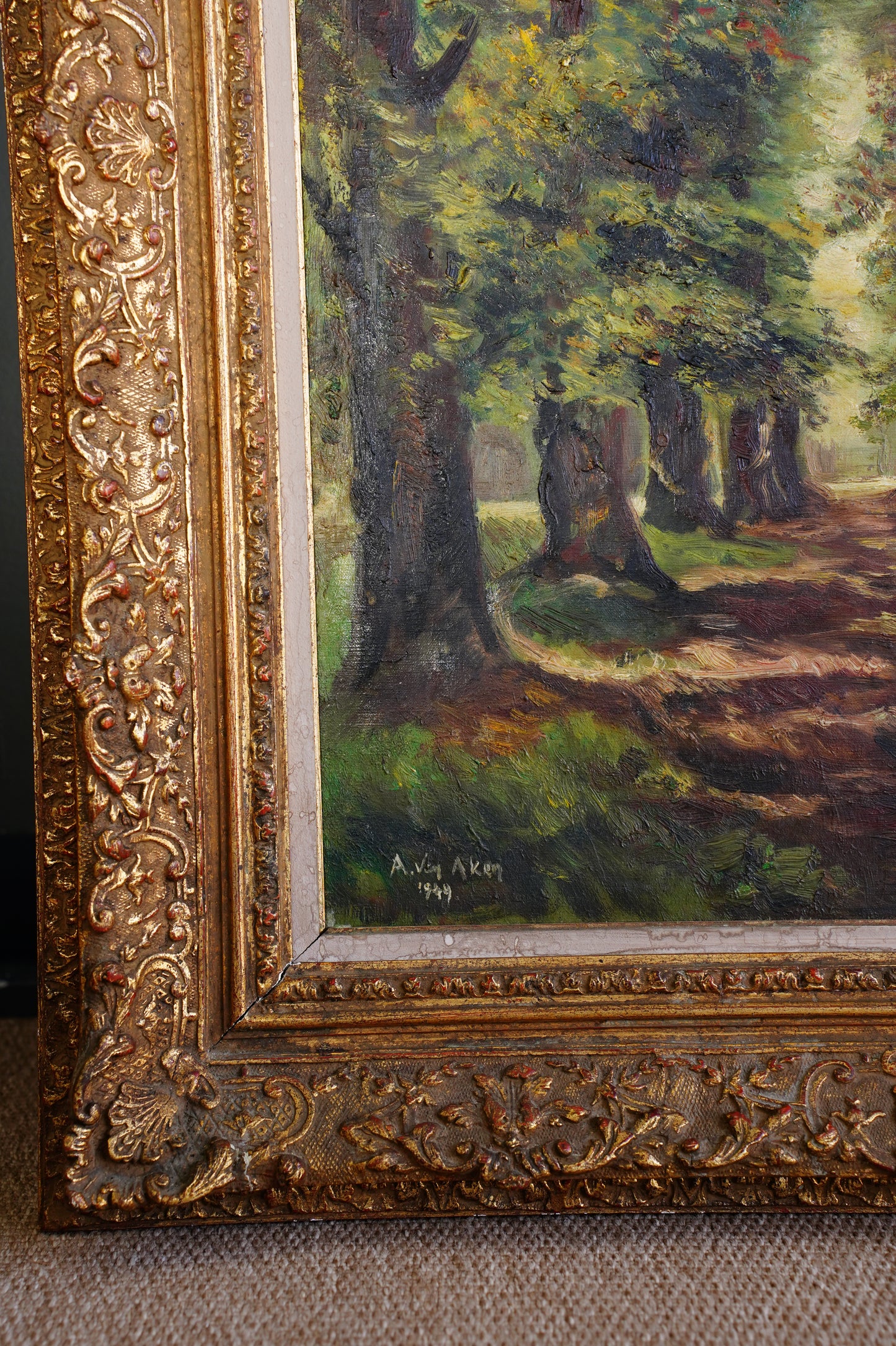 Vintage Signed Forest Path Oil Painting, Tree Lined Lane, 1949