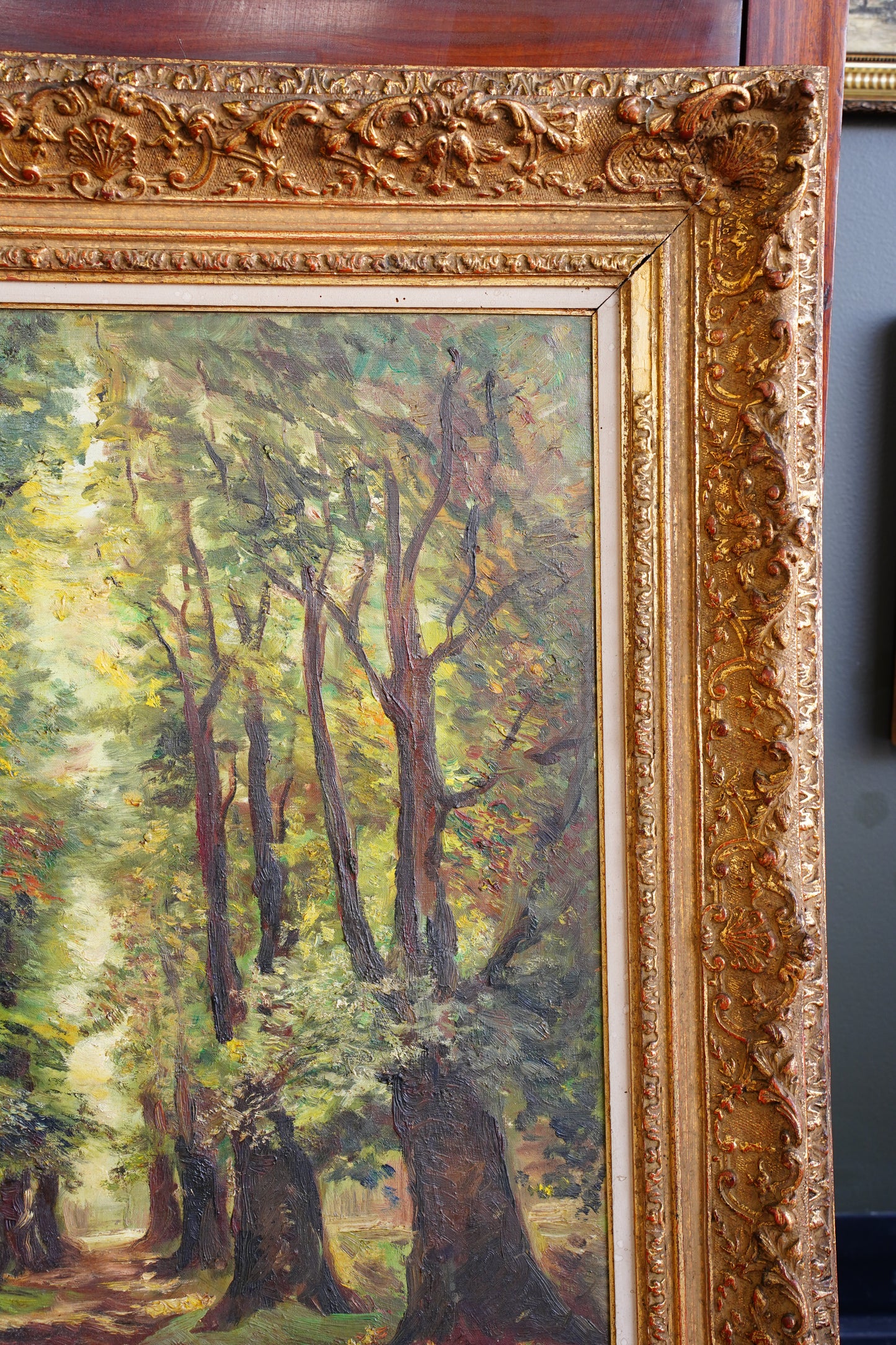Vintage Signed Forest Path Oil Painting, Tree Lined Lane, 1949