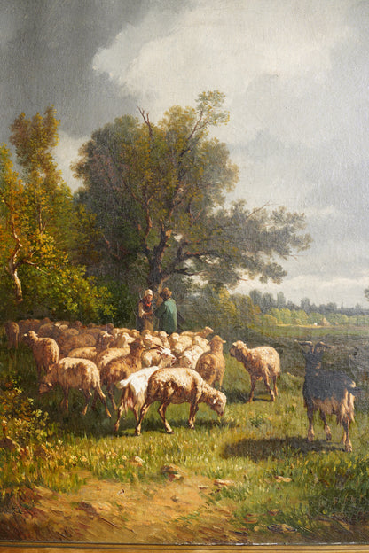 Antique French Sheep Painting Oil Painting, Circa 1880