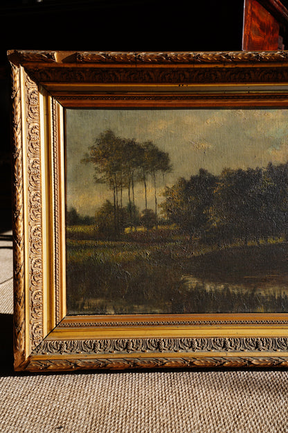 Antique European Moody River Landscape Oil Painting
