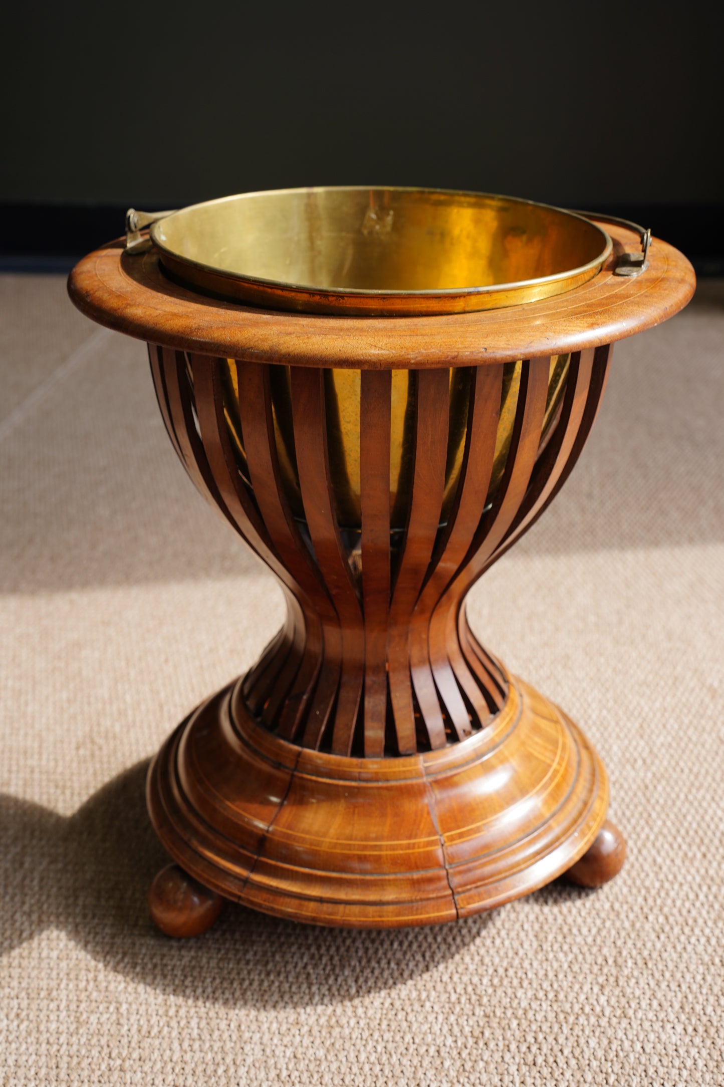 Antique Edwardian Brass and Wood Slatted Planter