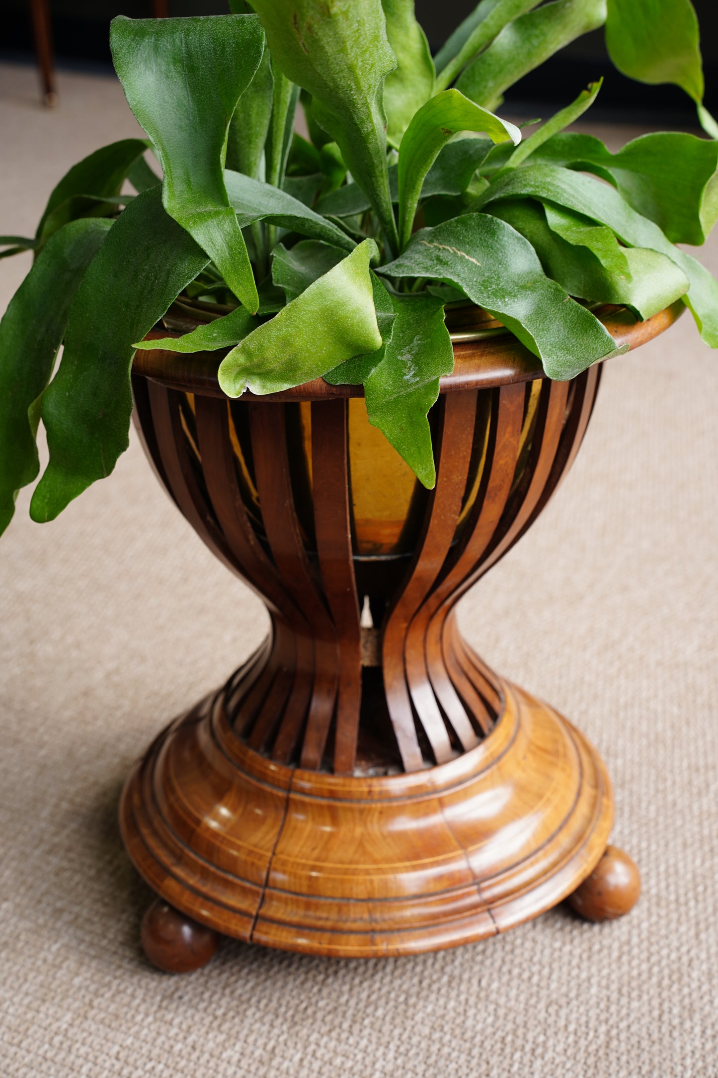 Antique Edwardian Brass and Wood Slatted Planter