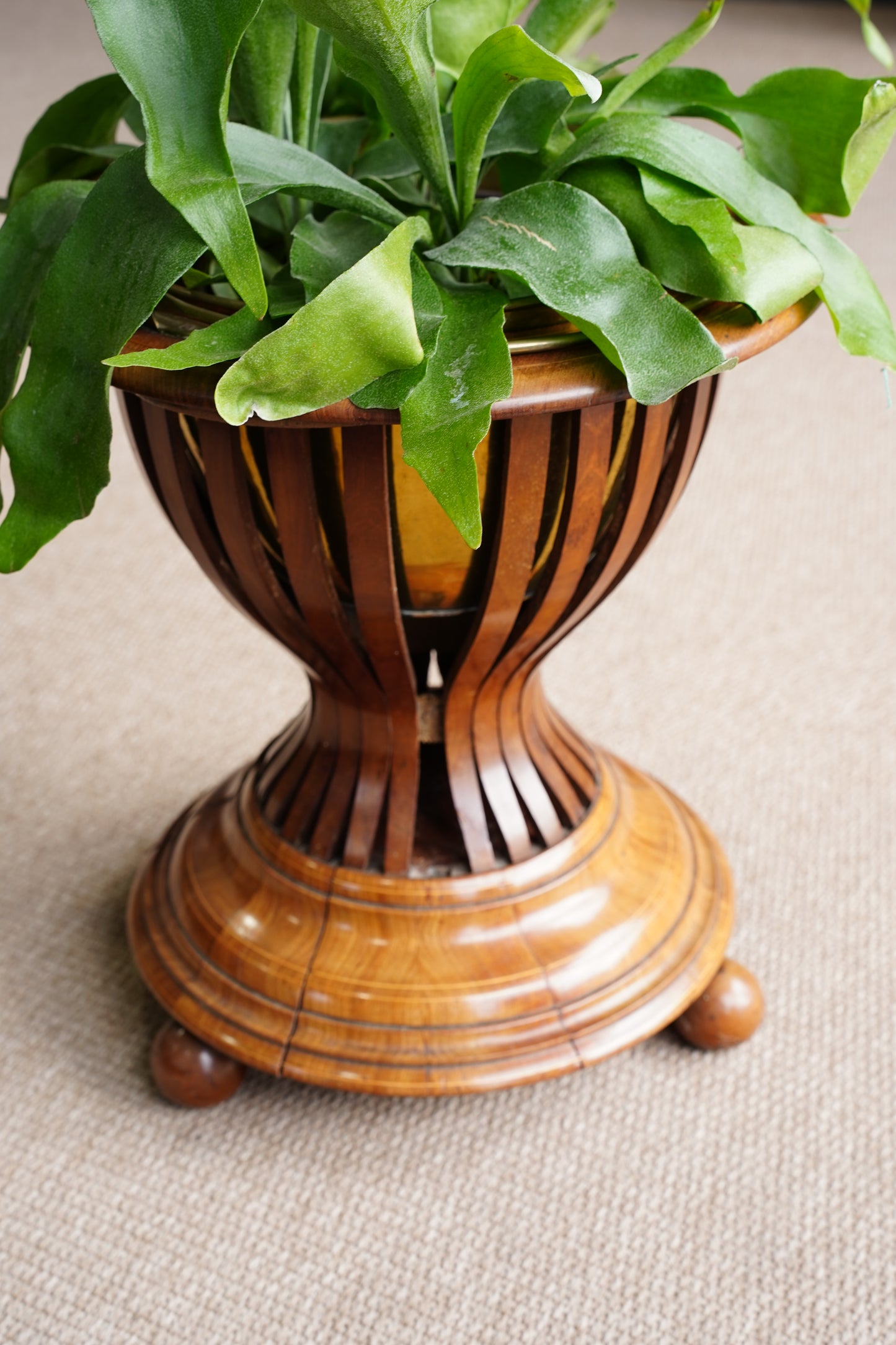 Antique Edwardian Brass and Wood Slatted Planter