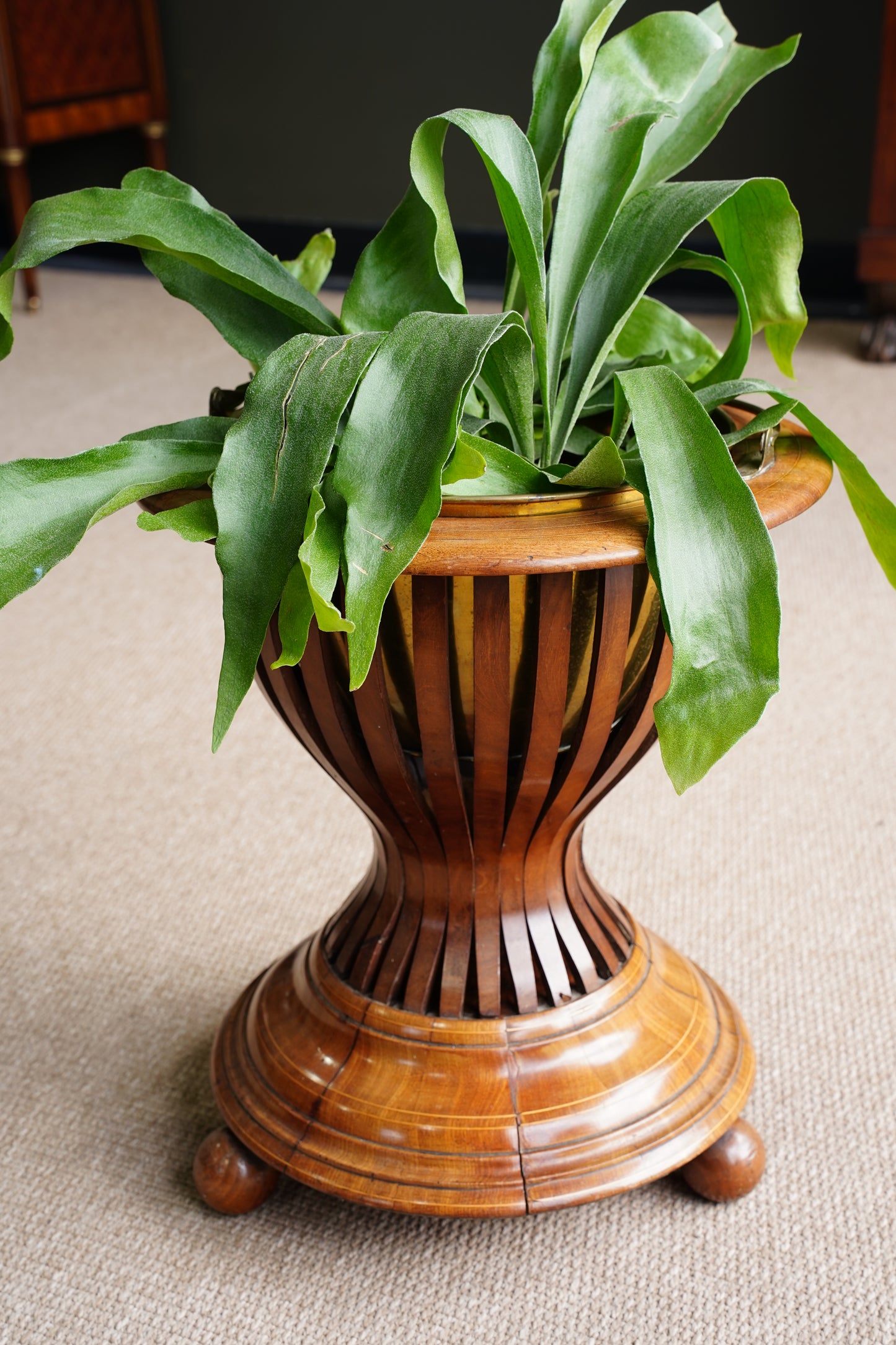 Antique Edwardian Brass and Wood Slatted Planter