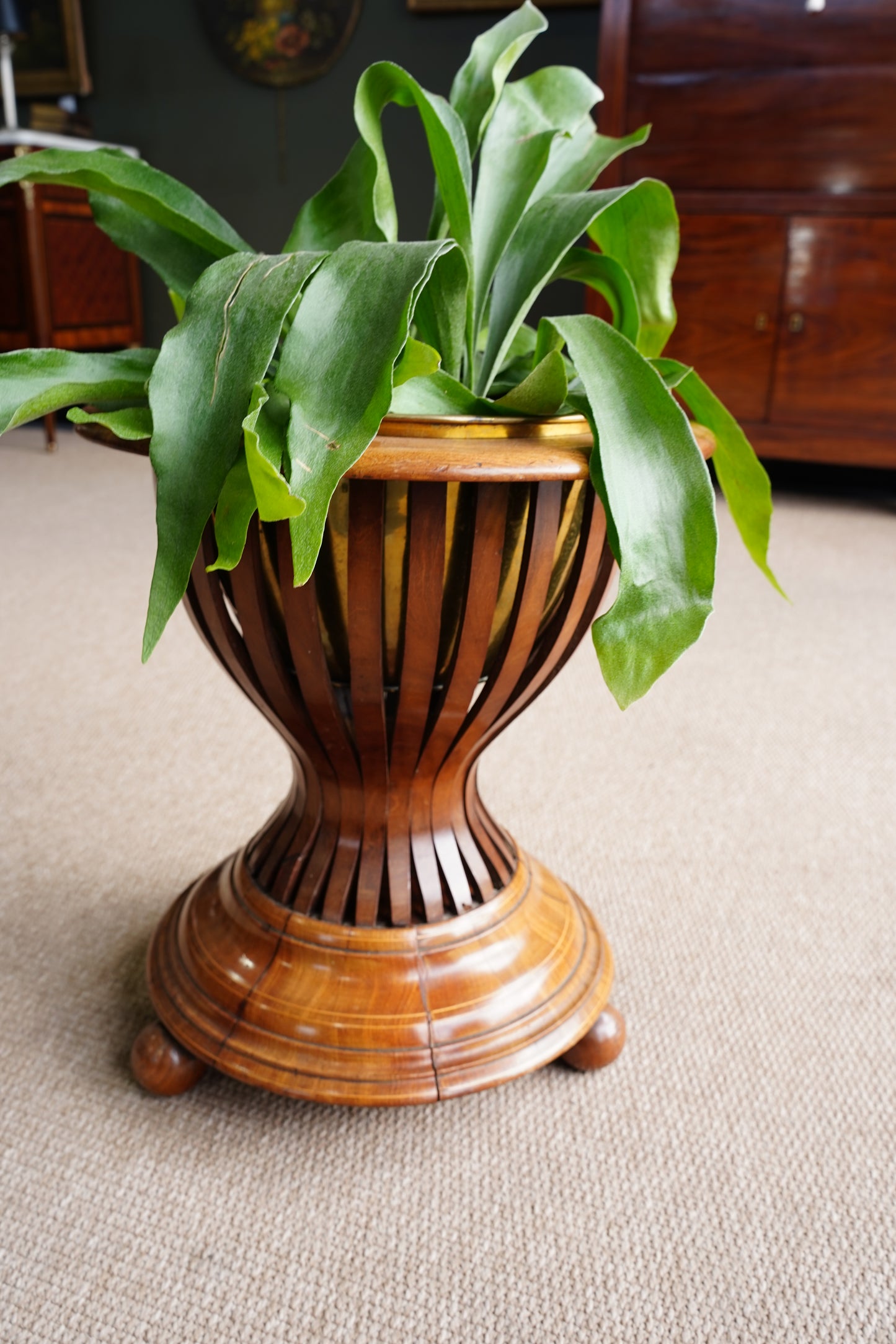 Antique Edwardian Brass and Wood Slatted Planter