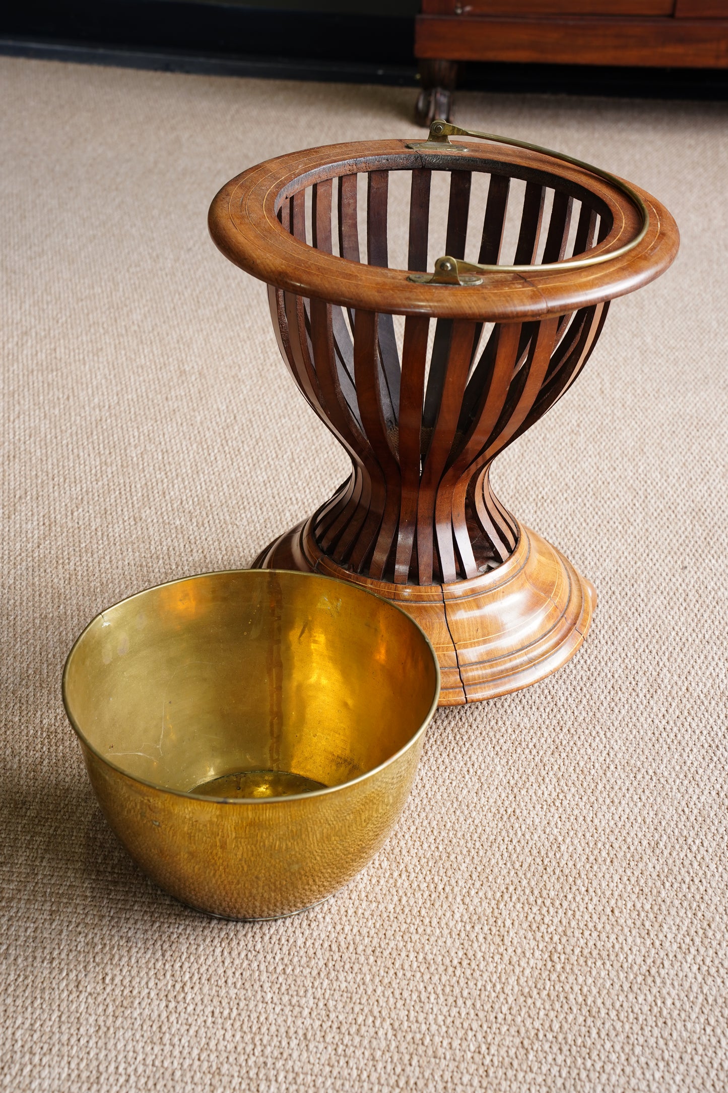 Antique Edwardian Brass and Wood Slatted Planter
