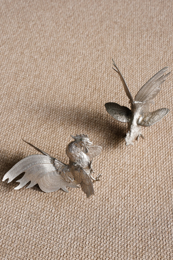 Pair of Vintage Silver Plate Fighting Roosters