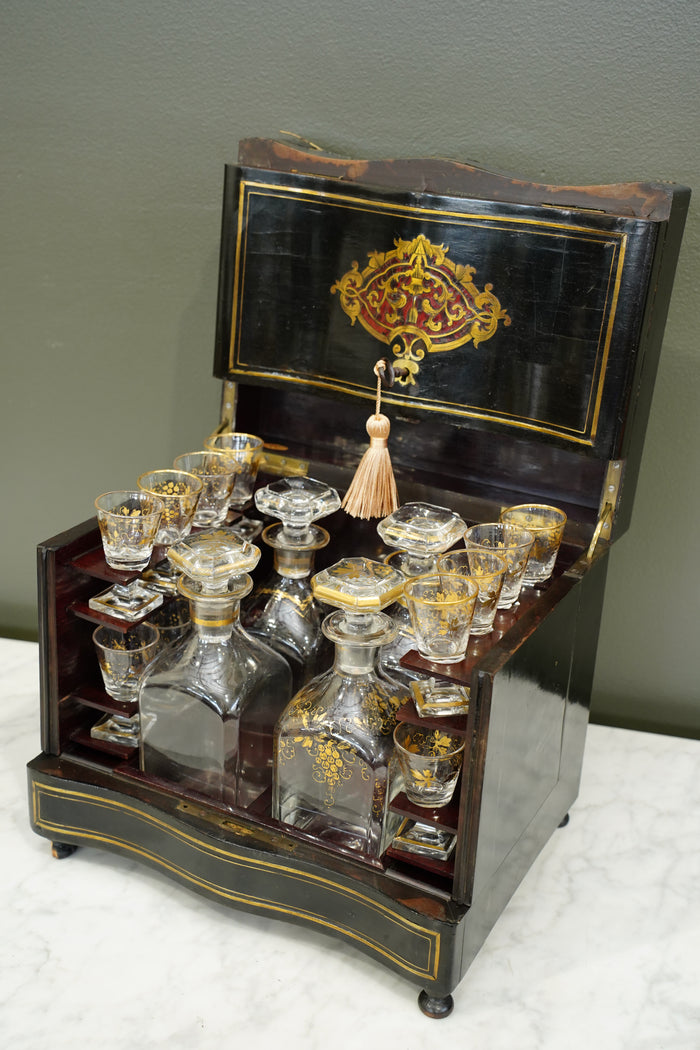 Antique French Napoleon III Ebonized Cave a Liqueur, Boulle Inlay, Circa 1880 detail