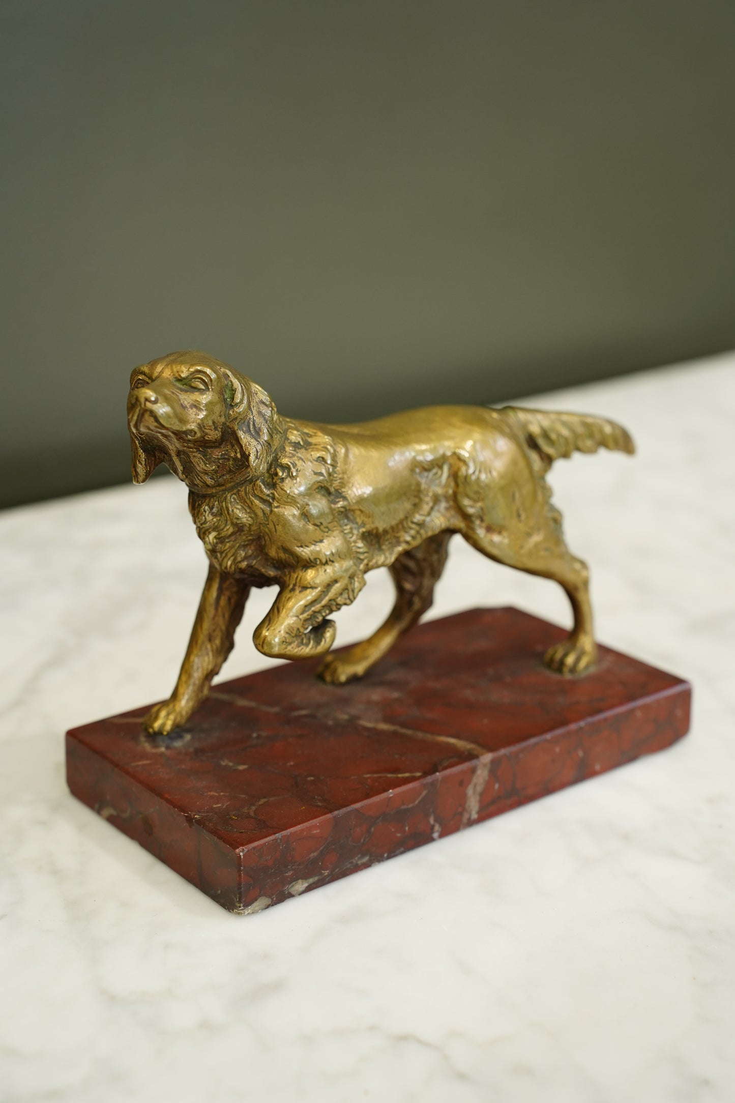French Brass Setter Dog Figure on Marble