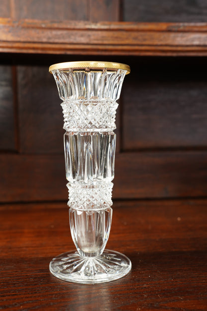 Vintage French Pressed Crystal Bud Vase with Gilt Brass Foot