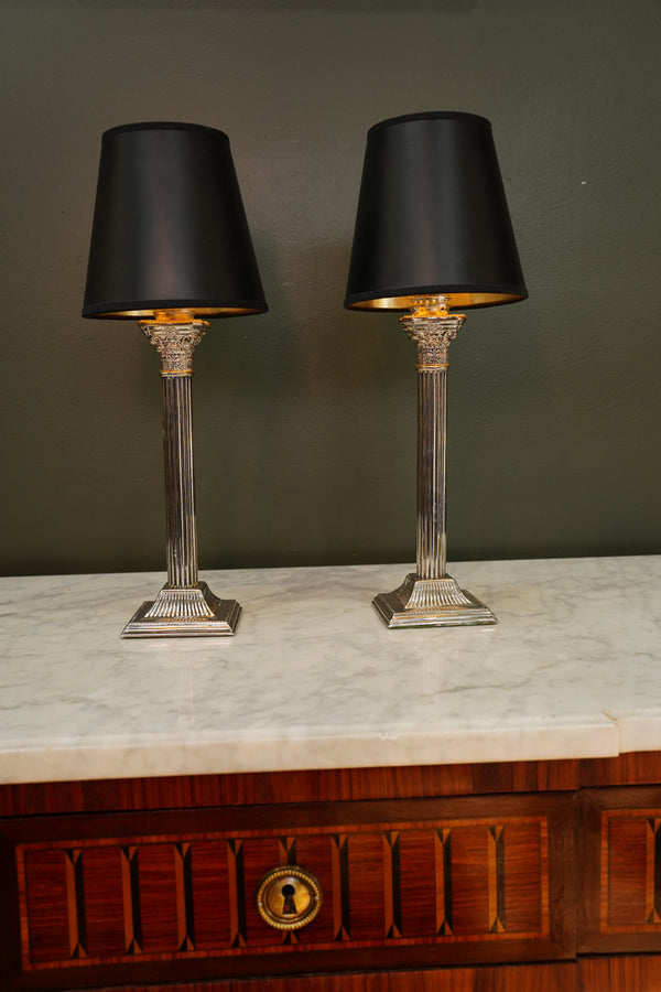 Pair of Vintage Silver Corinthian Column Candlestick Lamps