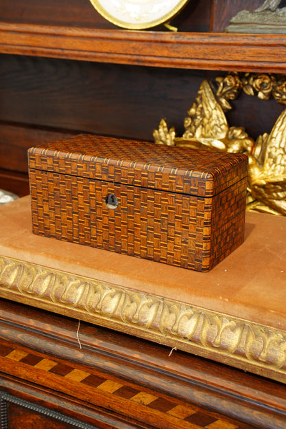 Antique Inlaid Wood Tea Caddy with Basket Weave Pattern, Circa 1880