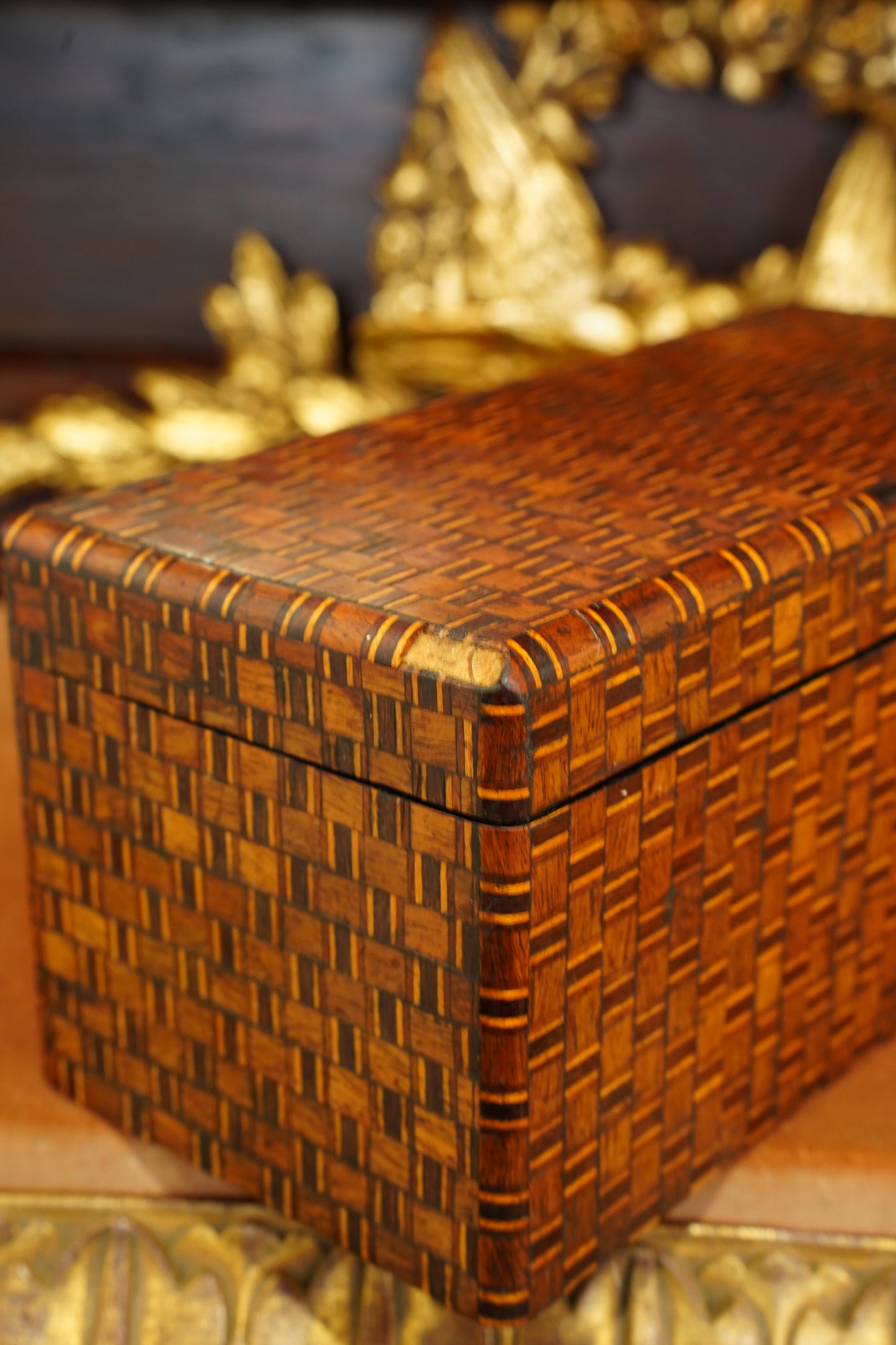Antique Inlaid Wood Tea Caddy with Basket Weave Pattern, Circa 1880