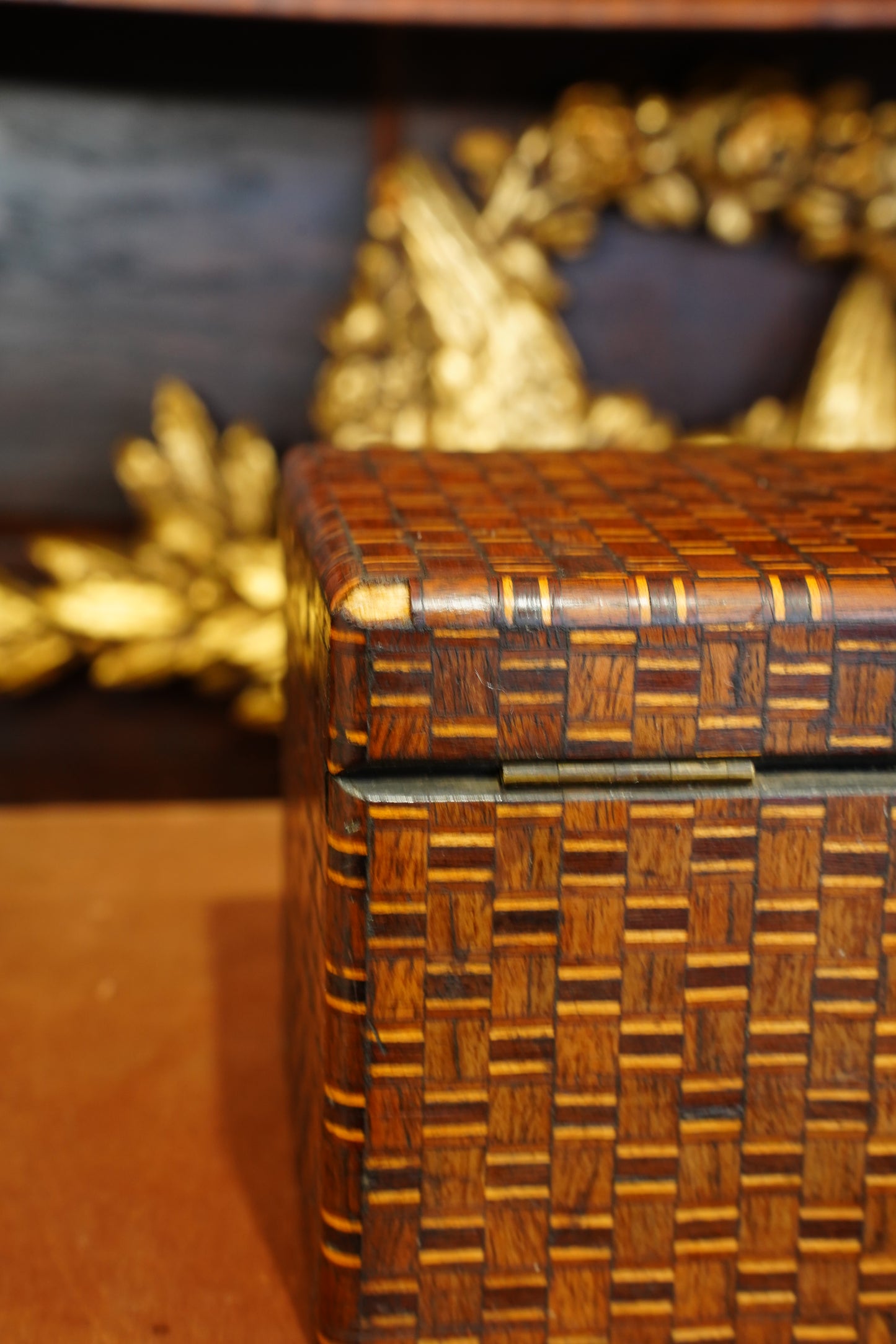 Antique Inlaid Wood Tea Caddy with Basket Weave Pattern, Circa 1880