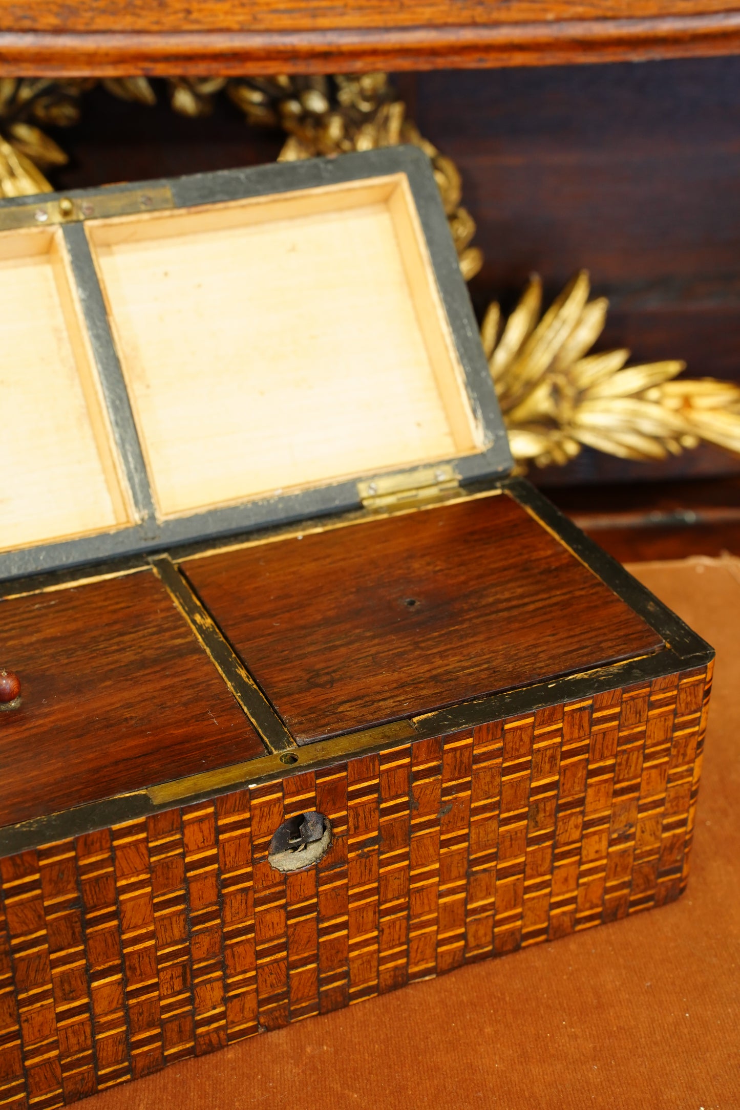 Antique Inlaid Wood Tea Caddy with Basket Weave Pattern, Circa 1880