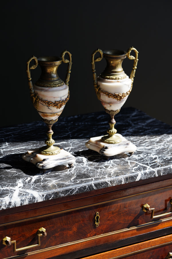 Antique French Marble and Brass Urns, Pair, Circa 1900