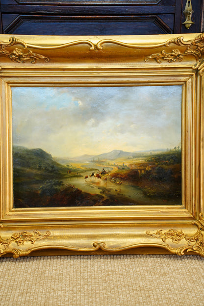 Signed Antique Dutch School Cattle Oil Painting River Landscape