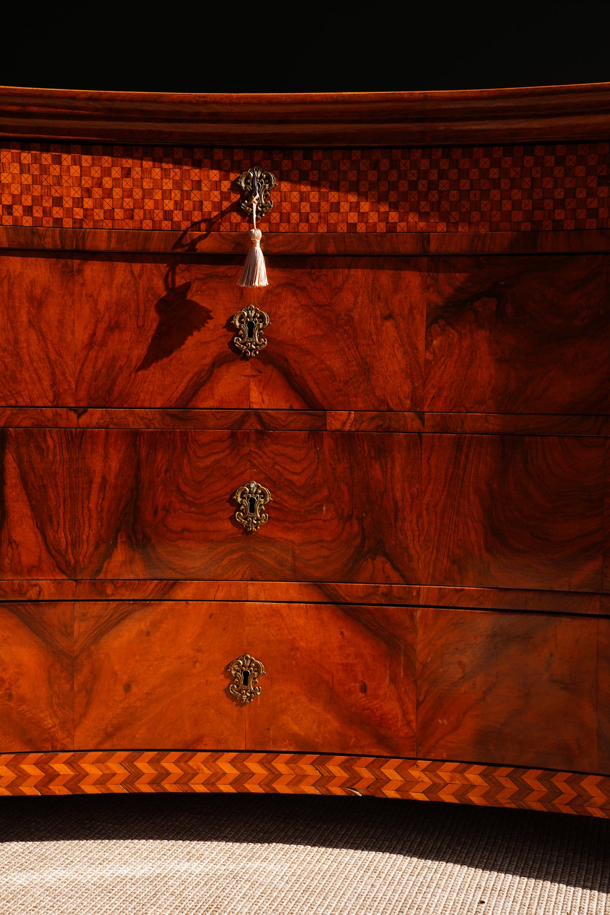 Antique Walnut Parquetry Commode with Side Cabinets