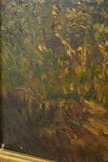 Close-up detail of a framed landscape oil painting showing textured brushstrokes in green, brown, and gold tones, with part of a gilded frame visible.