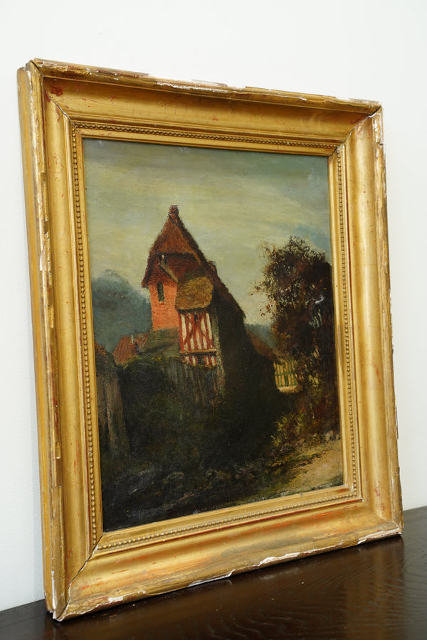Antique European Oil Painting Cottage Landscape, Normandy Style secondary view