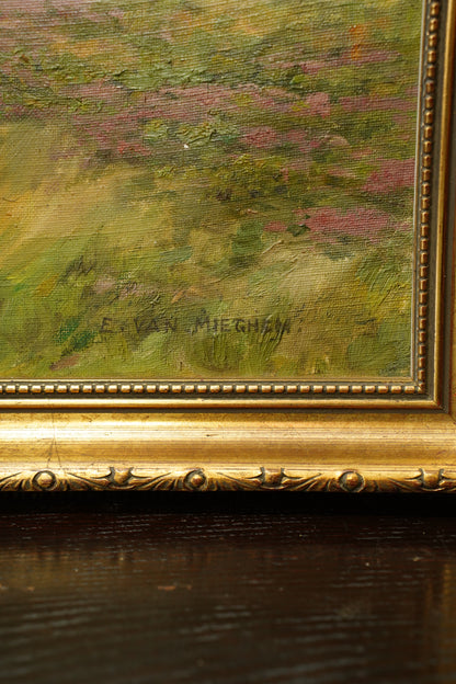 Antique Signed Belgian Oil Painting Horse and Cart Landscape
