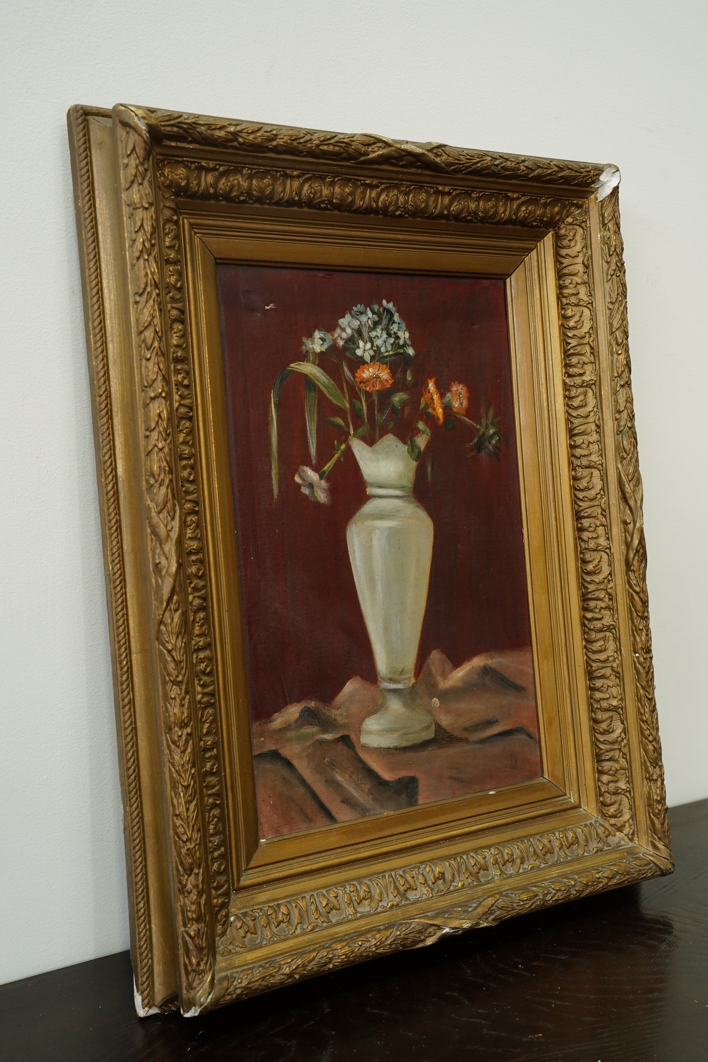 Antique French Flower Oil Painting Still Life in Cream Vase, Circa 1890