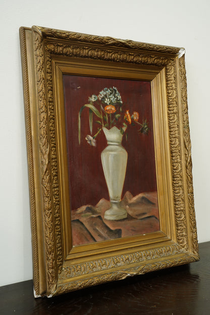 Antique French Flower Oil Painting Still Life in Cream Vase, Circa 1890